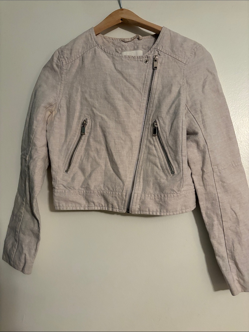 H&M Light Beige Cropped Asymmetrical Zip Bomber Jacket
